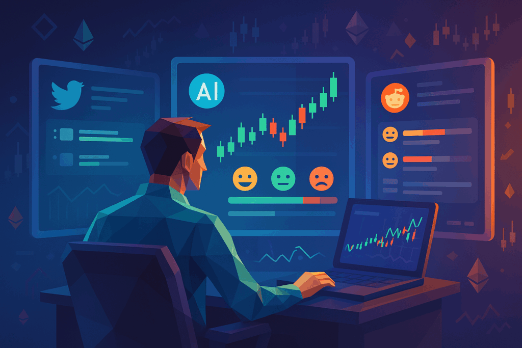 AI trader analyzing crypto sentiment from X/Twitter and Reddit on holographic screens in a low-poly futuristic trading setup