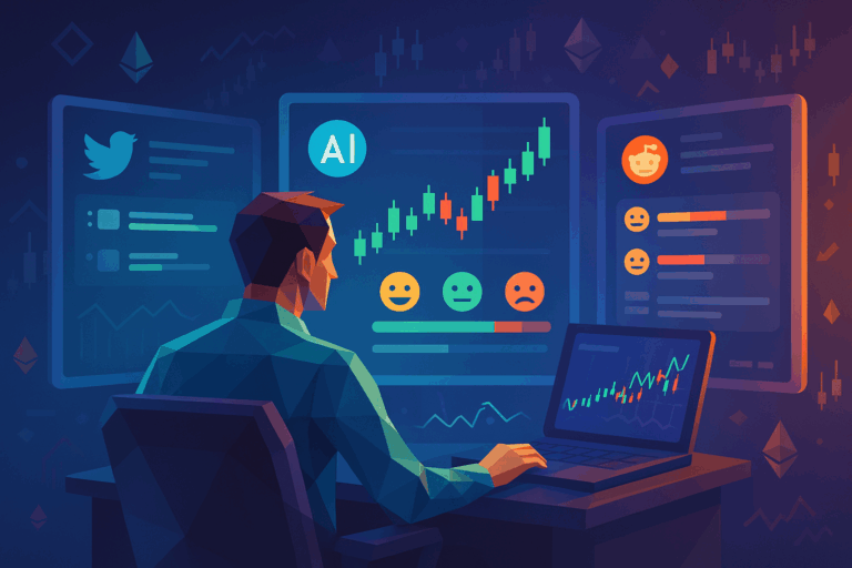 AI trader analyzing crypto sentiment from X/Twitter and Reddit on holographic screens in a low-poly futuristic trading setup