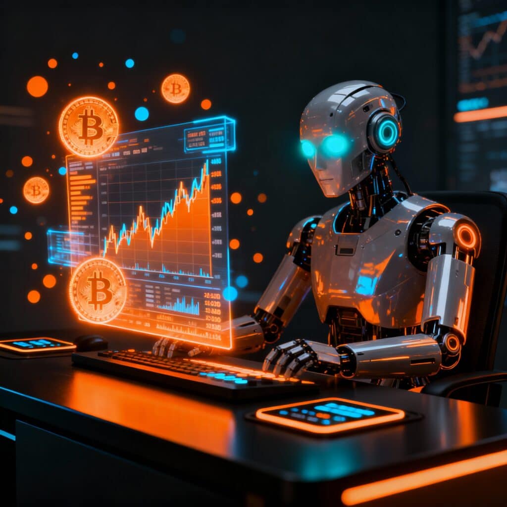 Futuristic AI robot analyzing real-time cryptocurrency charts with glowing data