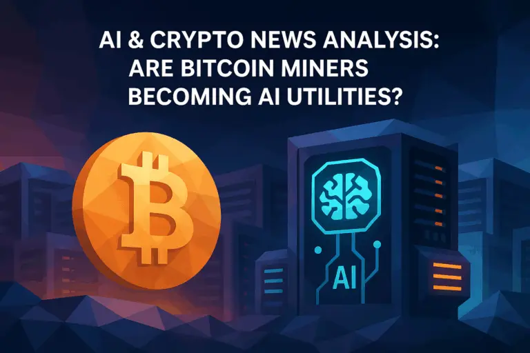 Low-poly illustration of a Bitcoin coin and an AI data center side by side, symbolizing Bitcoin miners evolving into AI utilities