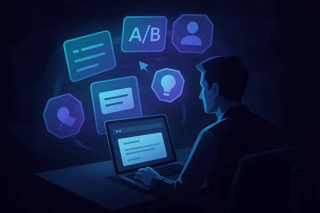 Best 7 Free AI Tools for Email Marketing Copywriting Low-poly illustration of a marketer using AI tools to write marketing emails, with floating subject line and personalization icons on a dark tech background.