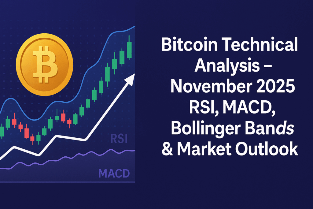 Bitcoin BTC/USDT daily candlestick chart November 2025 showing RSI indicator at 33.55 oversold, MACD negative histogram -642.70, Bollinger Bands with support at $100,291 and resistance at $116,526, key price levels marked
