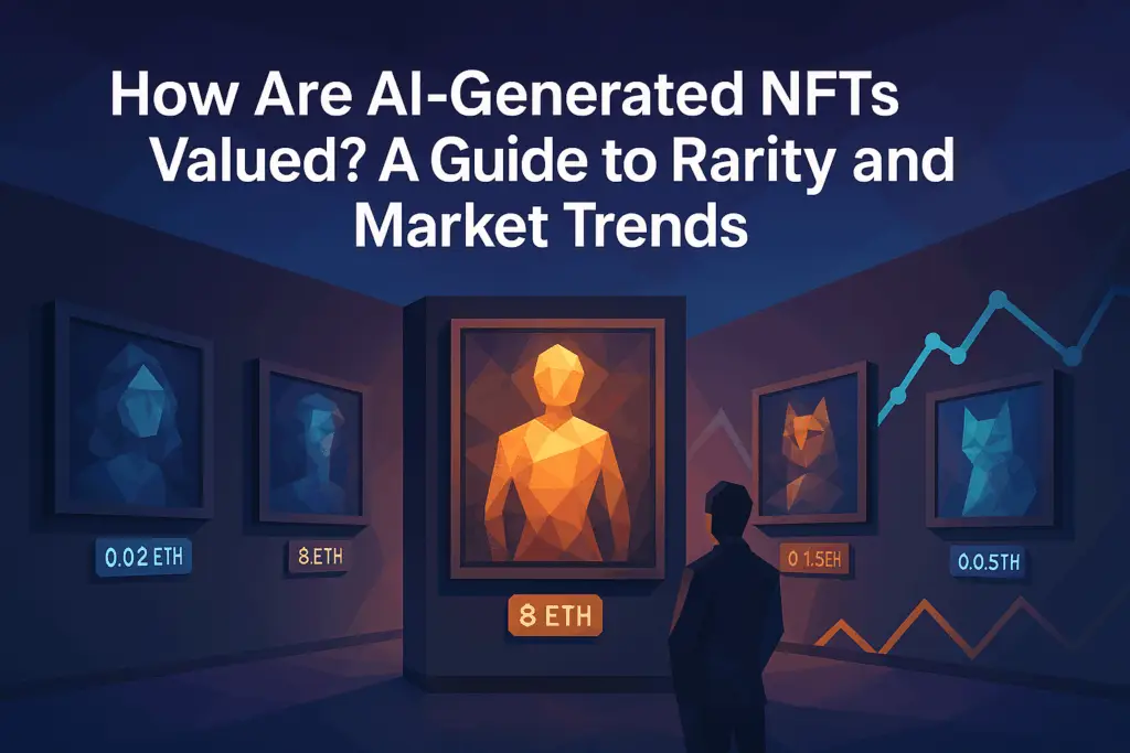 Low-poly gallery of AI-generated NFTs with different ETH prices and a market trend chart, illustrating how AI NFTs are valued