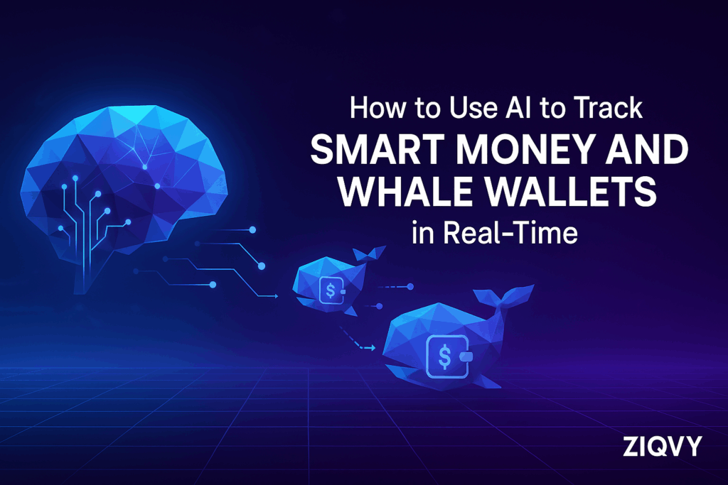 AI scanning blockchain whale wallets with neural network brain and wallet icons over a glowing grid