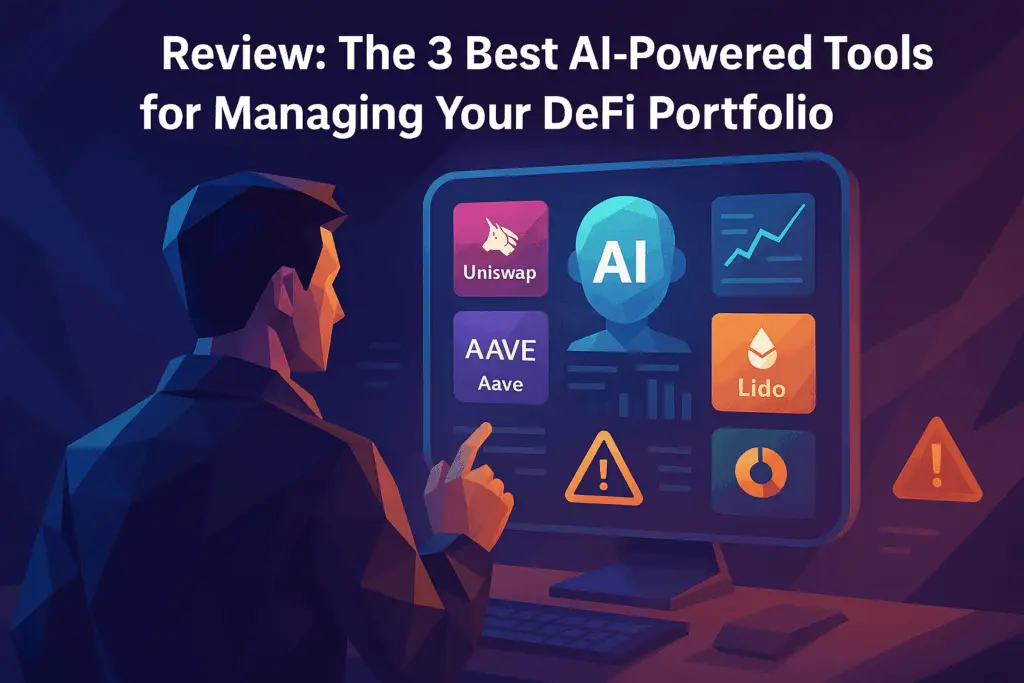 Low-poly illustration of a DeFi trader using an AI-powered dashboard showing Uniswap, Aave, Lido and portfolio analytics