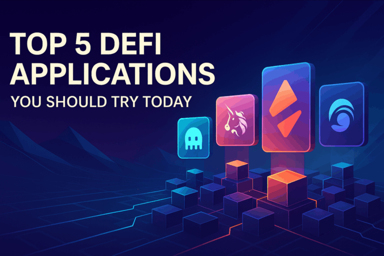 Futuristic DeFi dashboard showing Aave, Uniswap, Yearn Finance and other top DeFi applications on a glowing blockchain interface