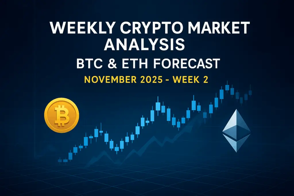 Low-poly dark blue illustration showing Bitcoin and Ethereum icons with a weekly candlestick chart for November 2025 – Week 2.