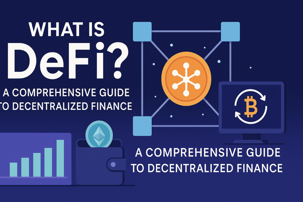 DeFi ecosystem showing Ethereum blockchain at center connected to DEXs, lending protocols, staking services, and other DeFi applications